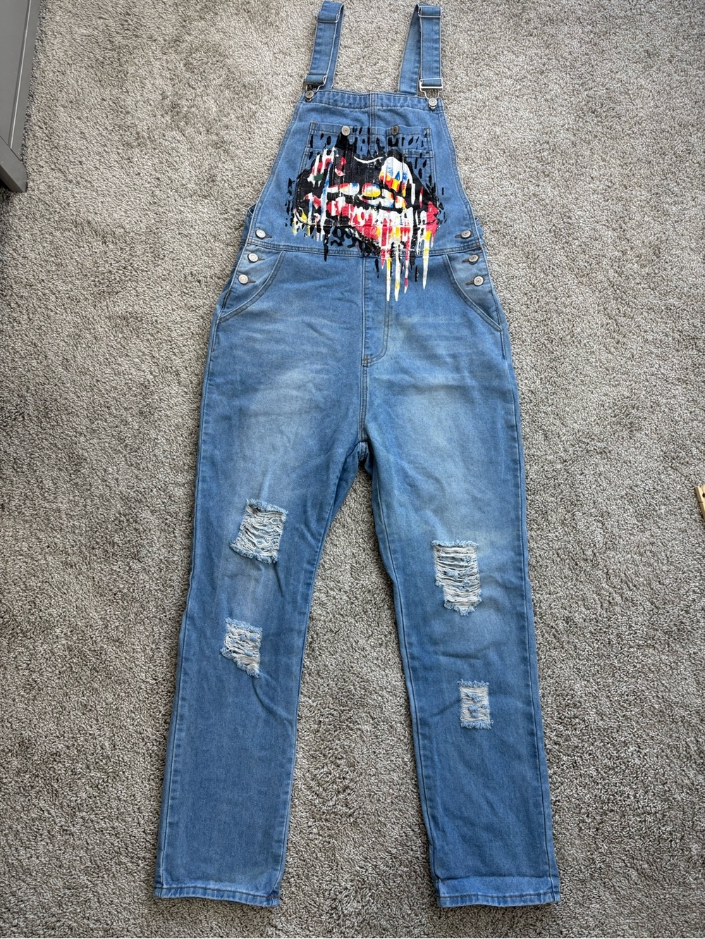 MISSLOOK Light Blue Overalls With A Paint Graphic Distressed Straight Leg